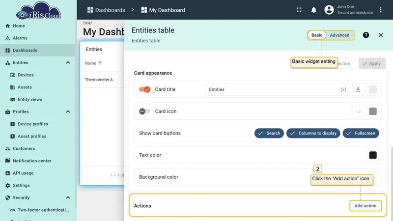 Actions section with Add action button