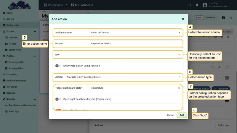 Add action dialog configured