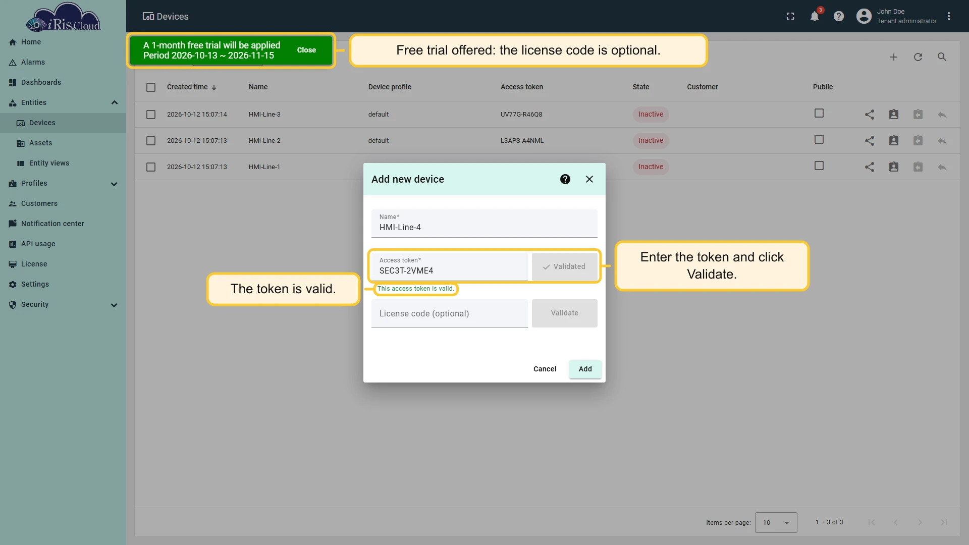 Add new device dialog after validating the access token, with the free-trial message