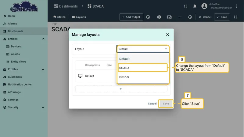Manage layouts dialog
