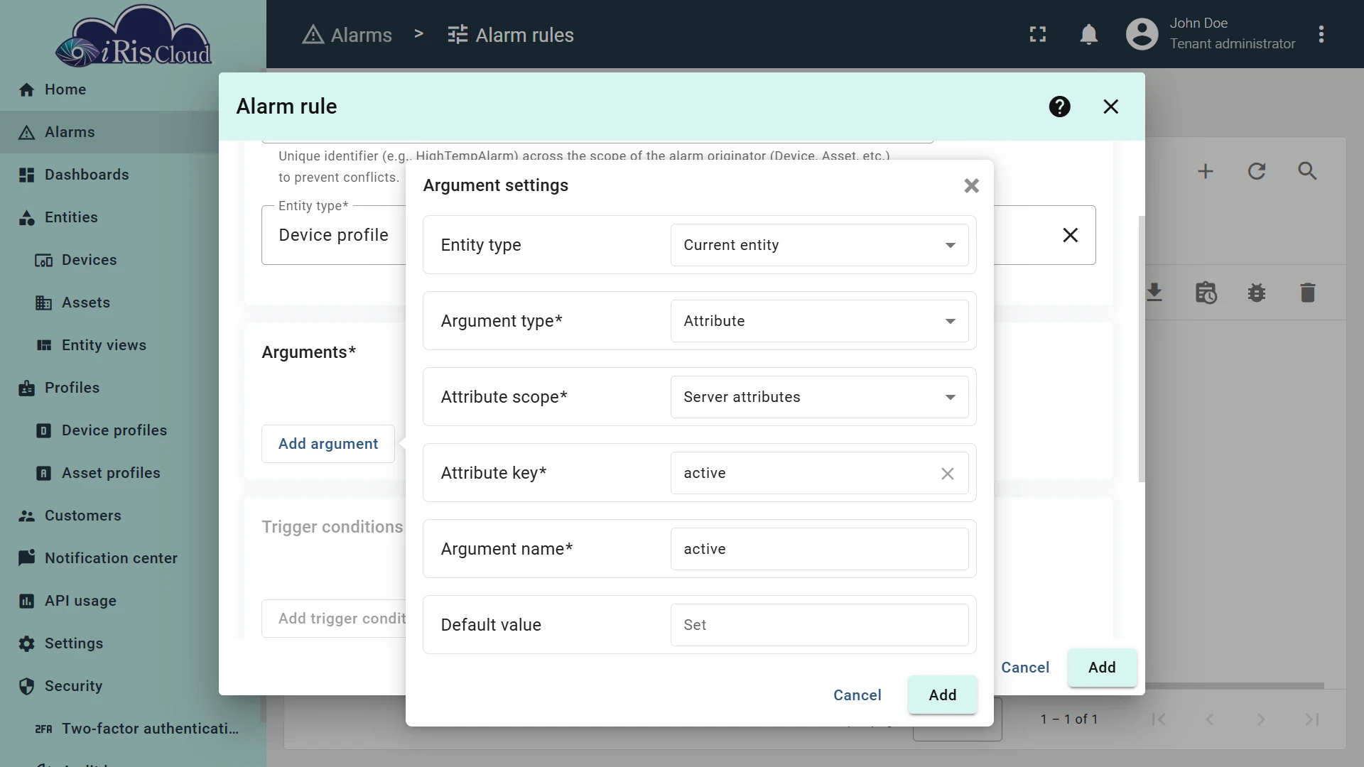 Argument settings dialog with active server attribute configured