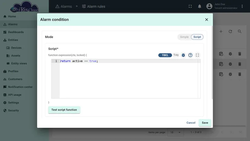 Alarm condition dialog in Script mode with return active == true