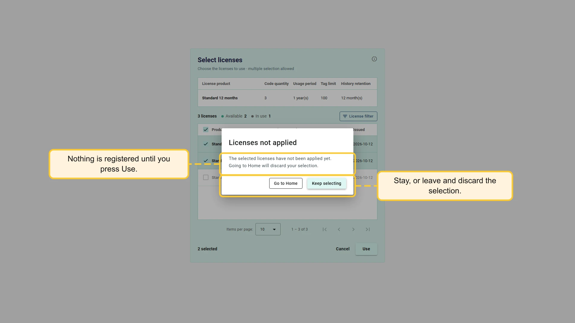 Licenses not applied dialog with Go to Home and Keep selecting