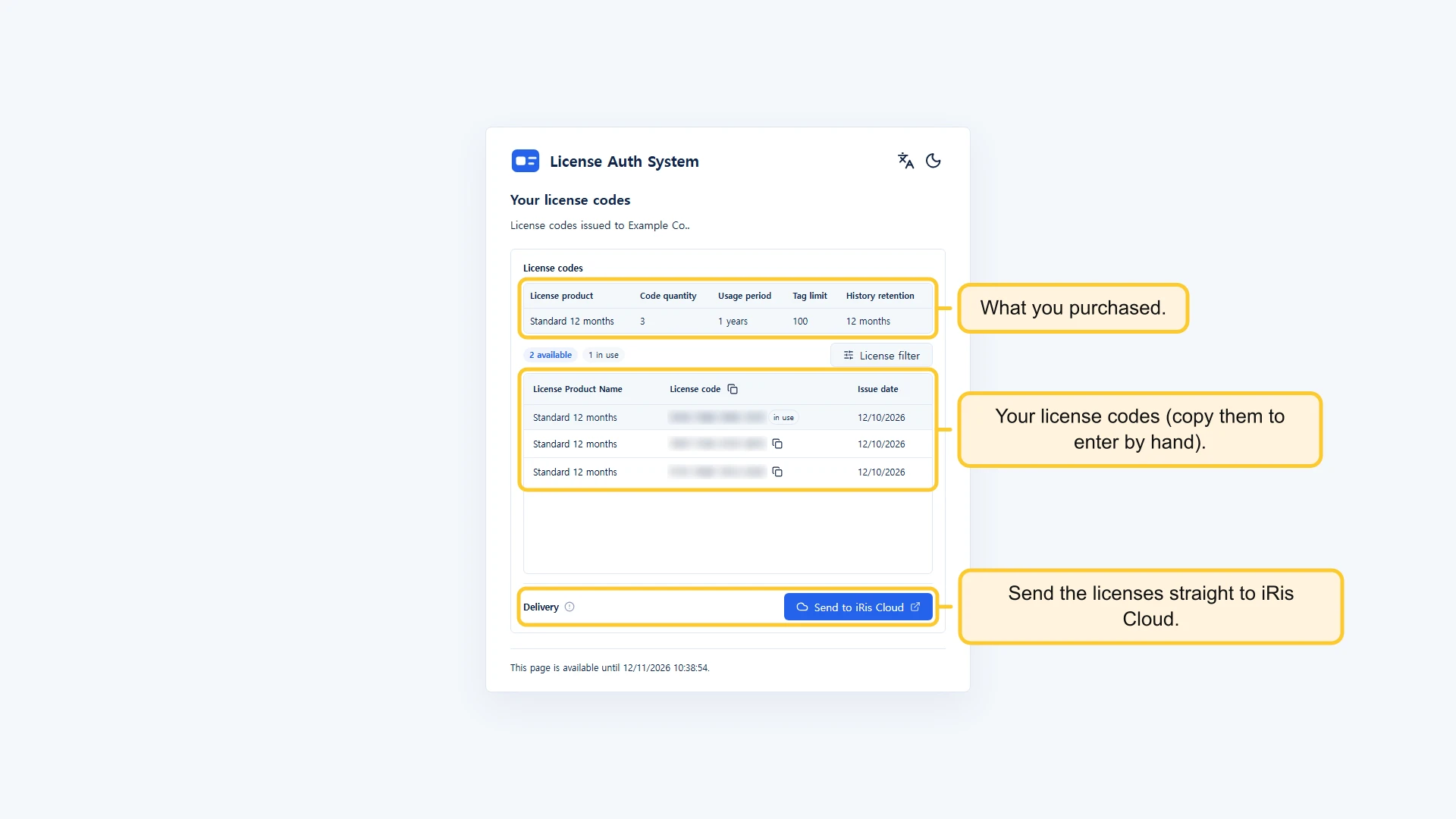 Claim page listing the license codes with the Send to iRis Cloud button