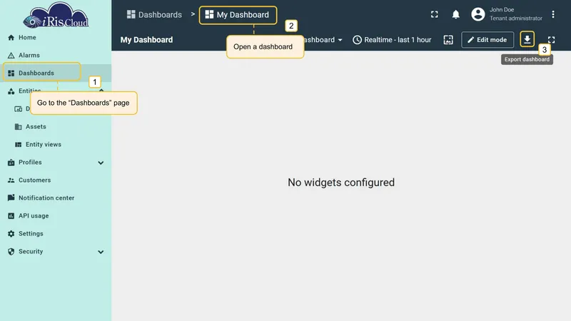Export dashboard from toolbar menu