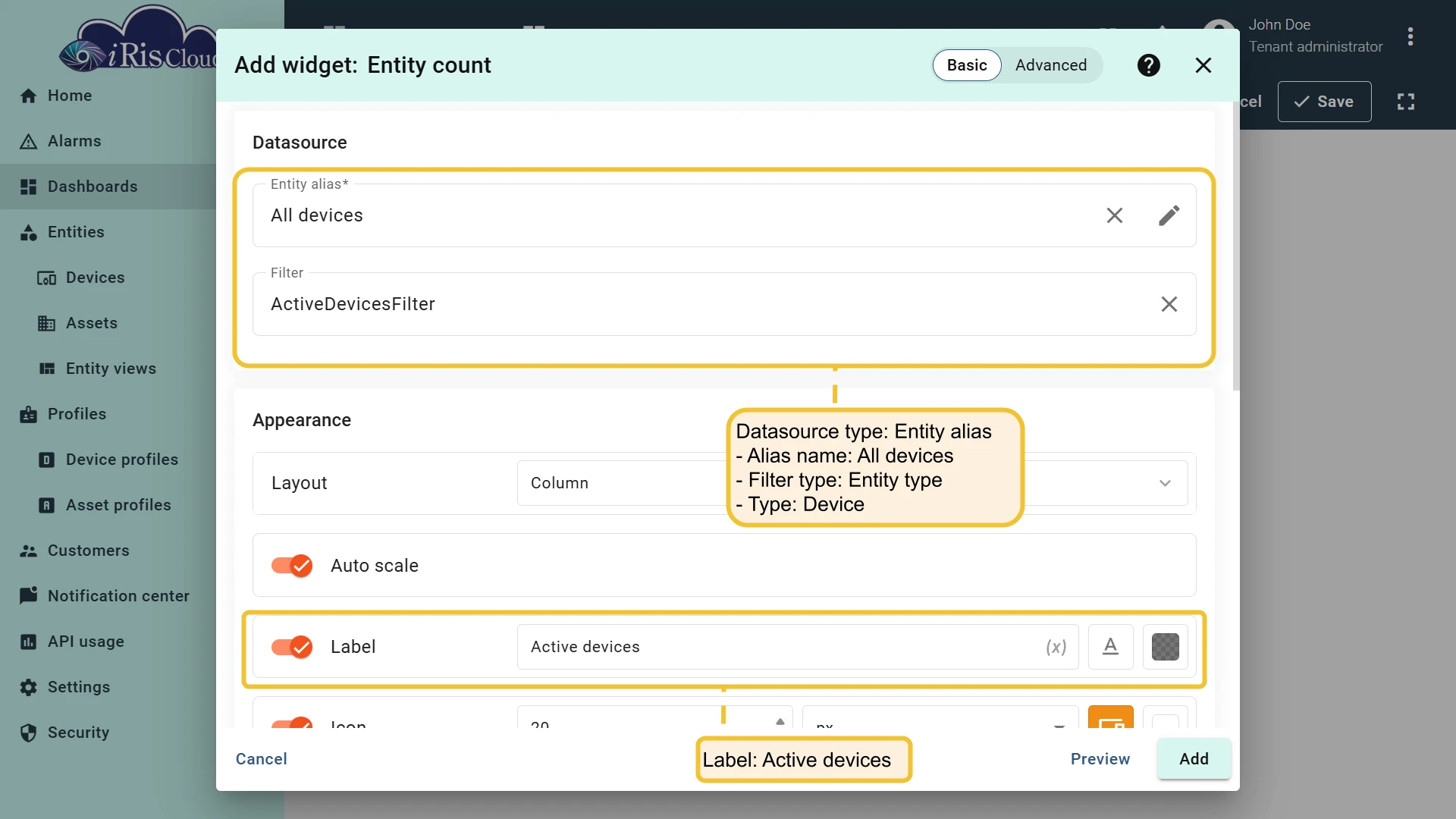 Entity alias configured with Entity type filter for HMI Device