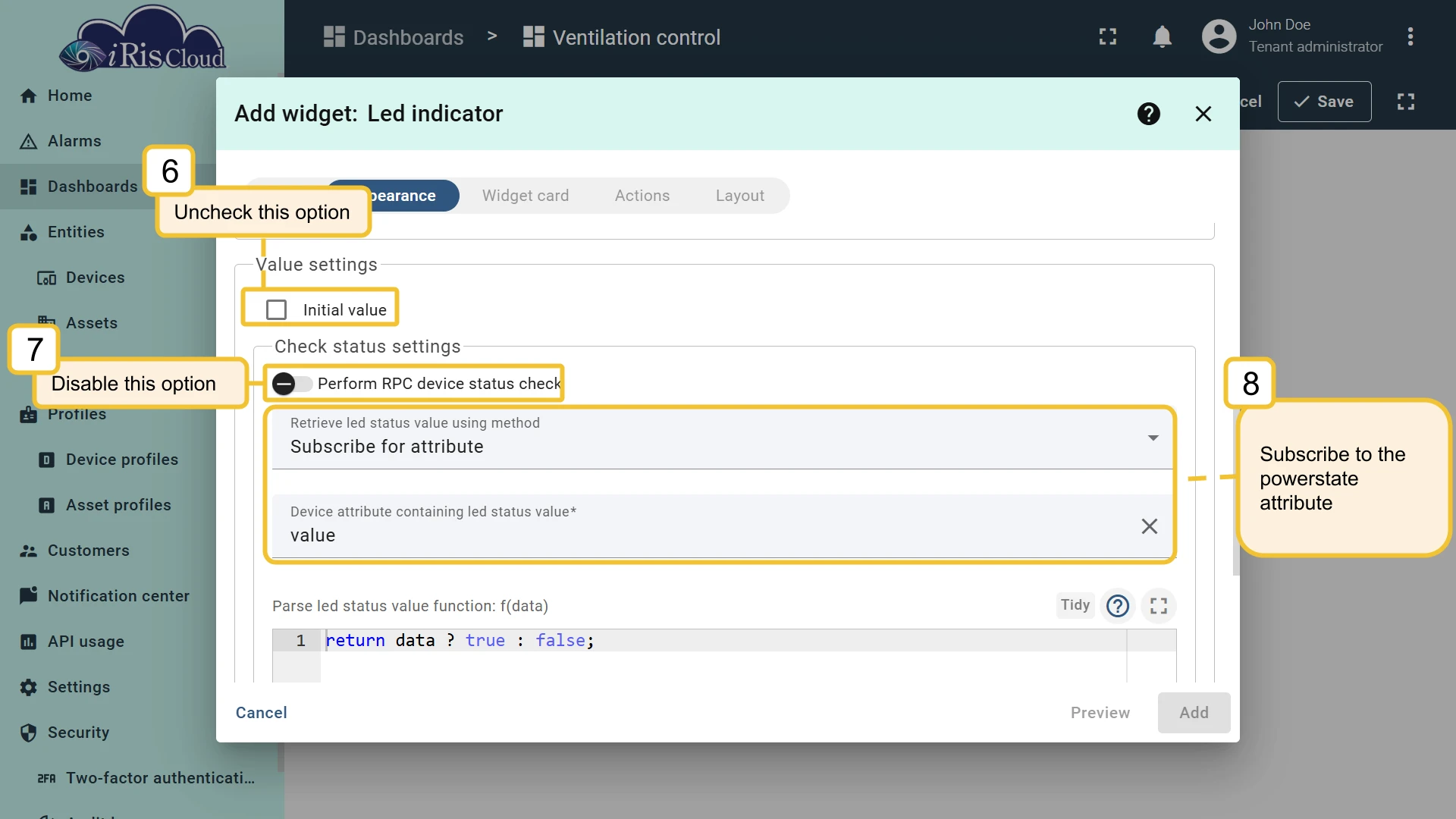 Value settings configured to subscribe to powerState shared attribute