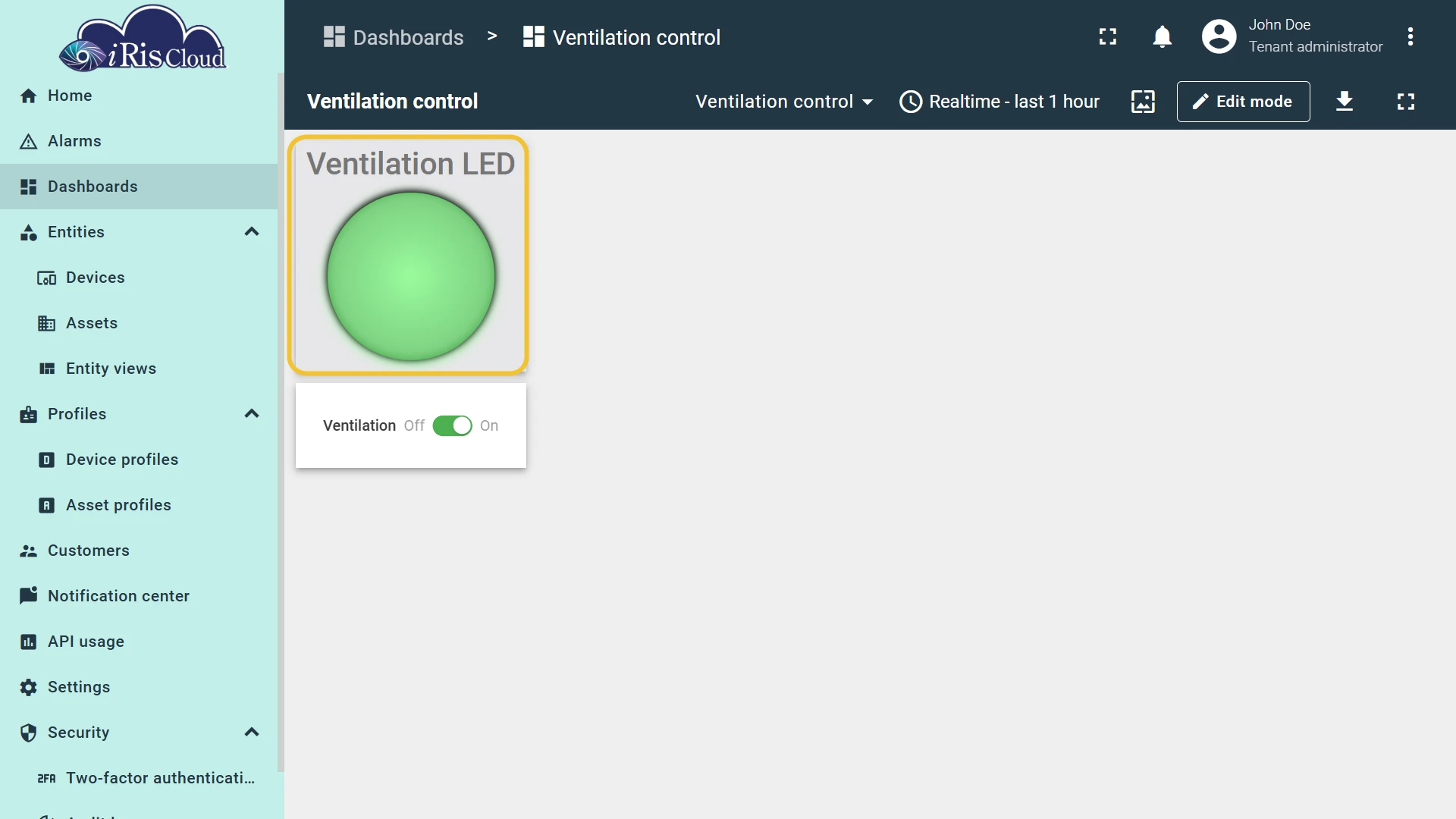Finished Led indicator widget showing green LED for powerState true and gray for false