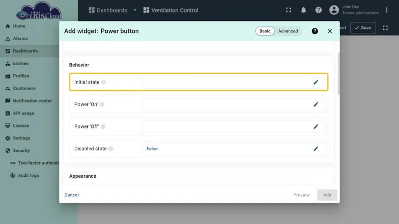 Shared attribute powerState visible in the HMI Device attributes list