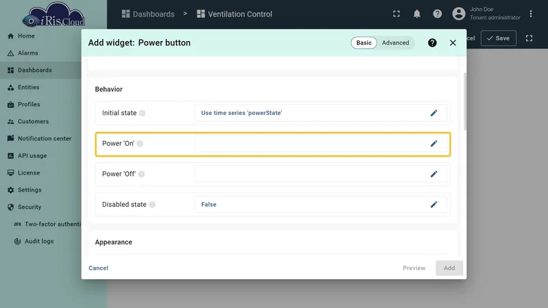 Power 'On' row in the Behavior section