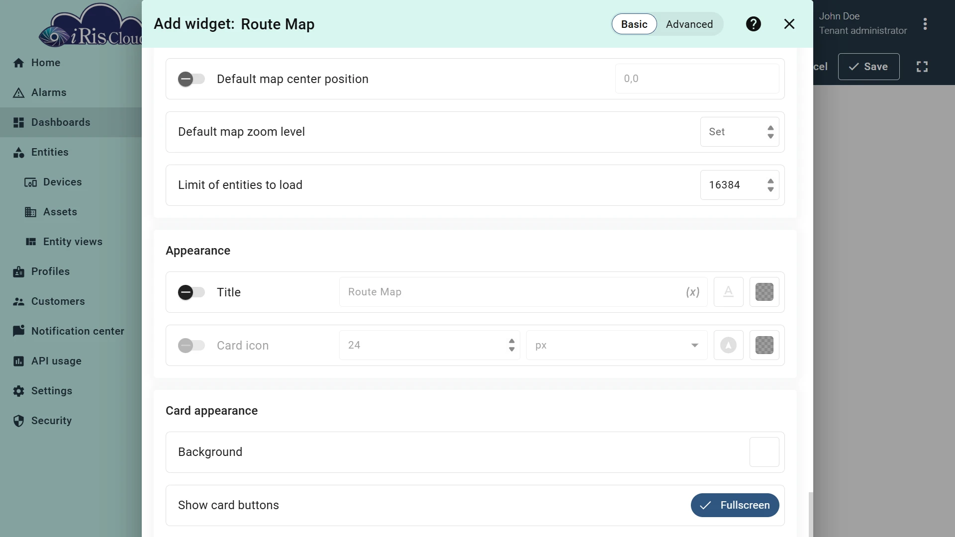 Route Map widget configuration dialog in iRis Cloud