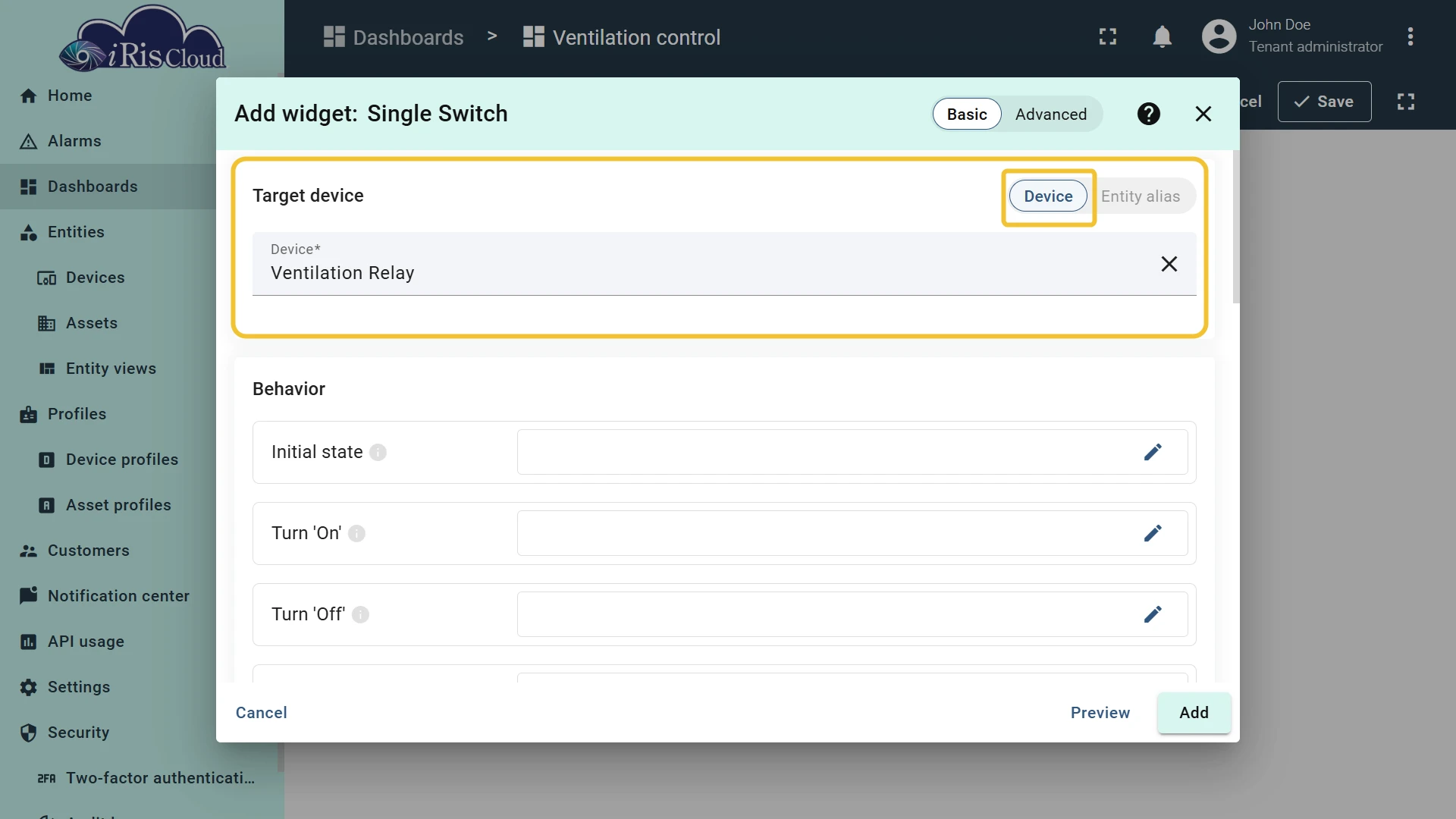 Datasource configured with Ventilation Relay HMI Device