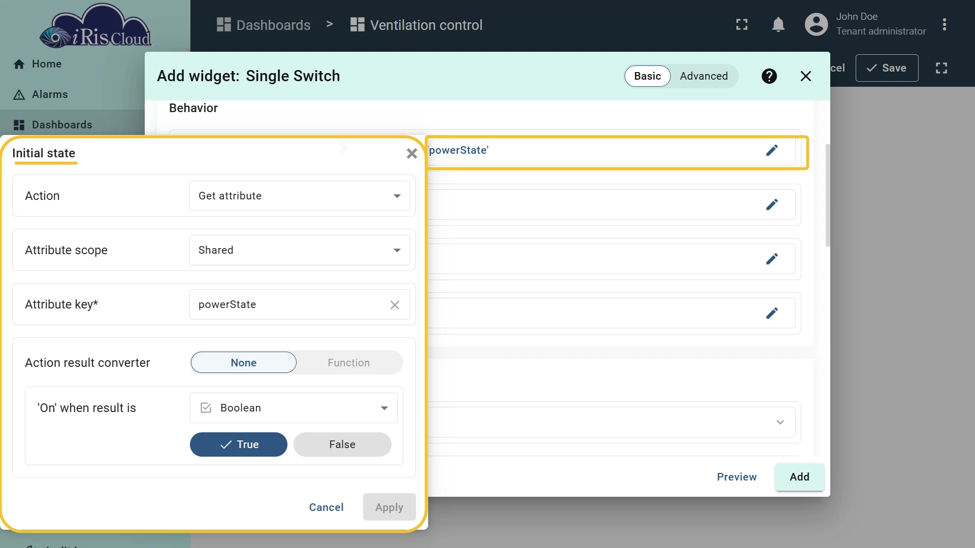 Initial state configured to read powerState shared attribute