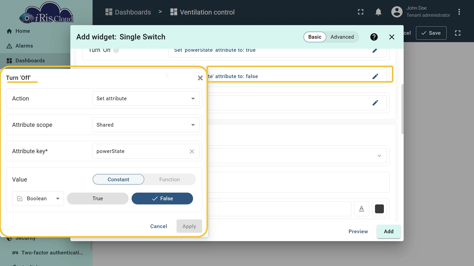 Turn Off action configured to set powerState to false