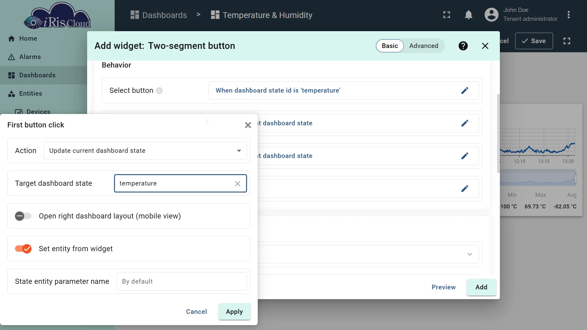 First button click: Update current dashboard state to temperature