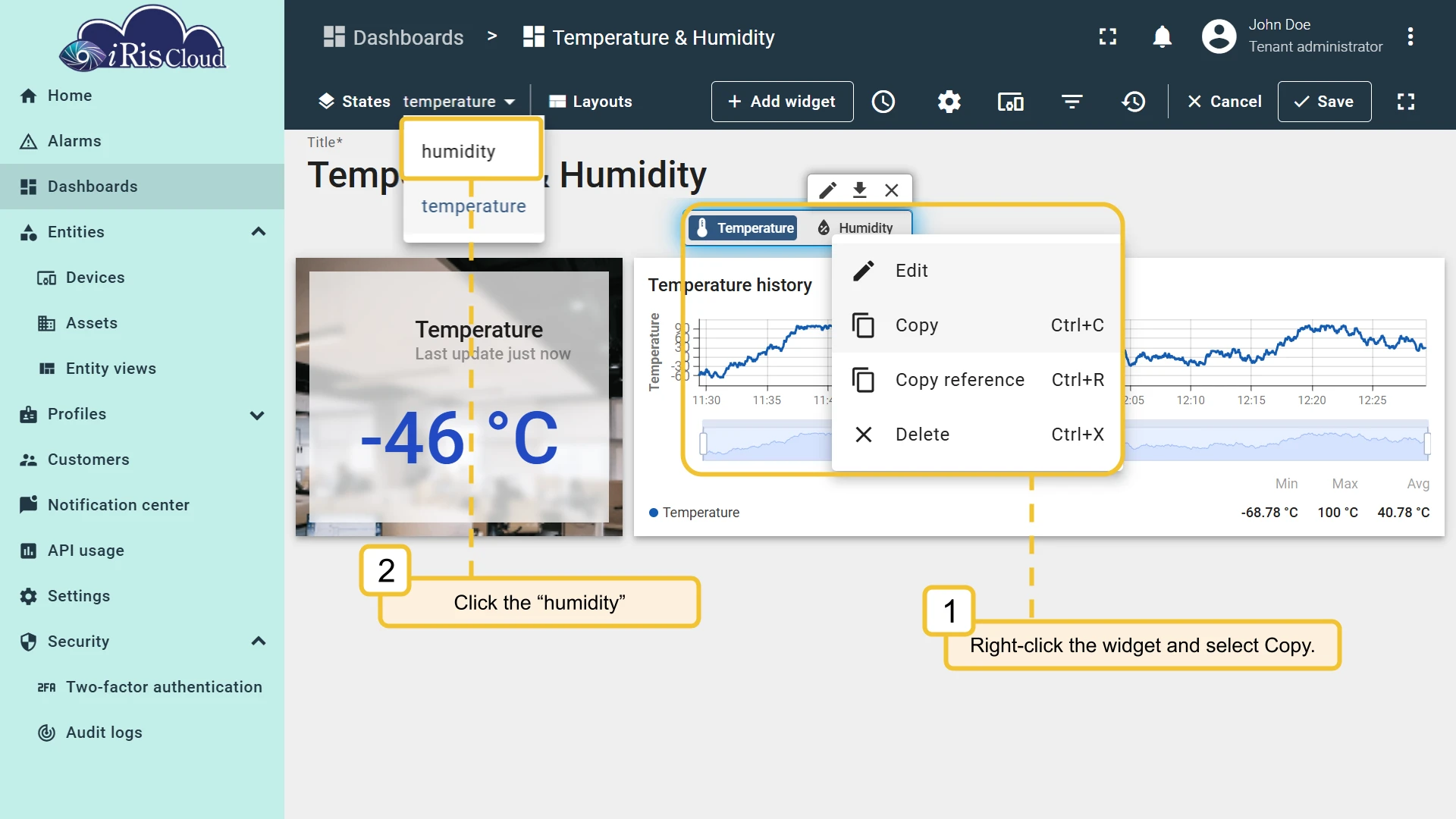 Right-click menu on the widget showing Copy option