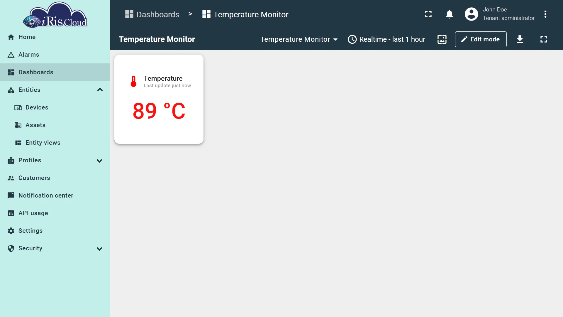Finished Value card displaying temperature with blue-to-red gradient color
