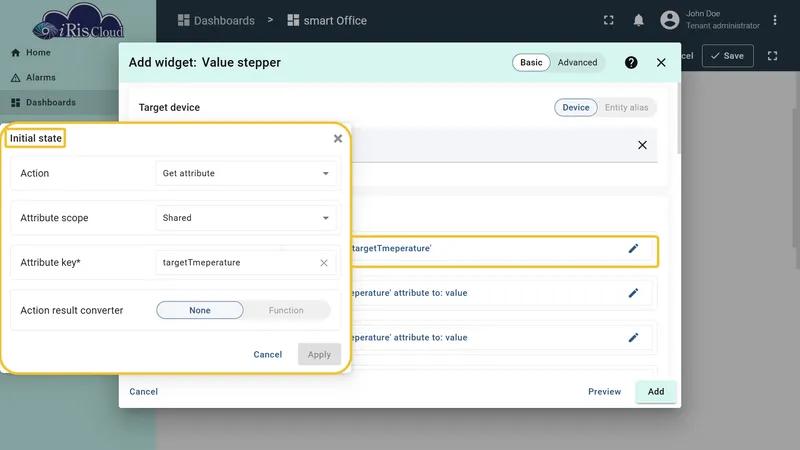 Left button click configured — Set Attribute targetTemperature