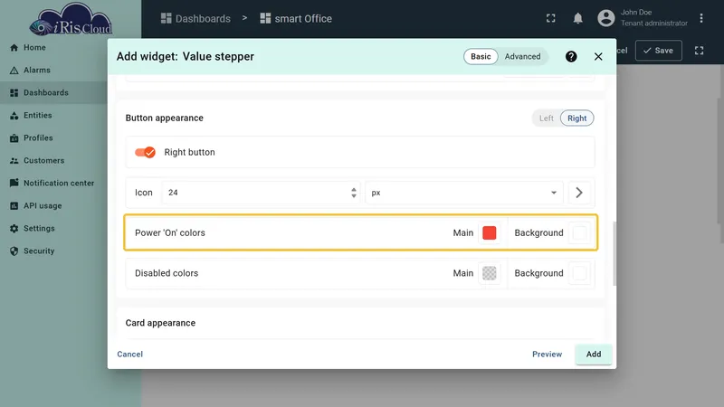 Right button appearance — red active color