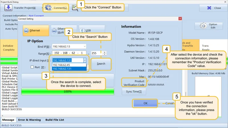Checking connection and HMI Device information