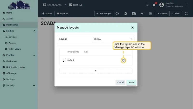 Gear icon in Manage layouts dialog
