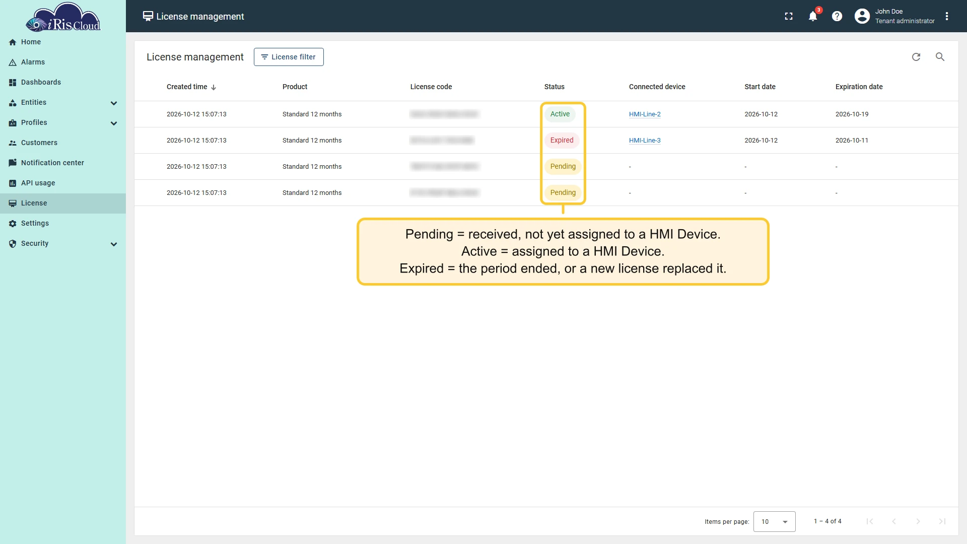 License management list with the Pending, Active and Expired status badges