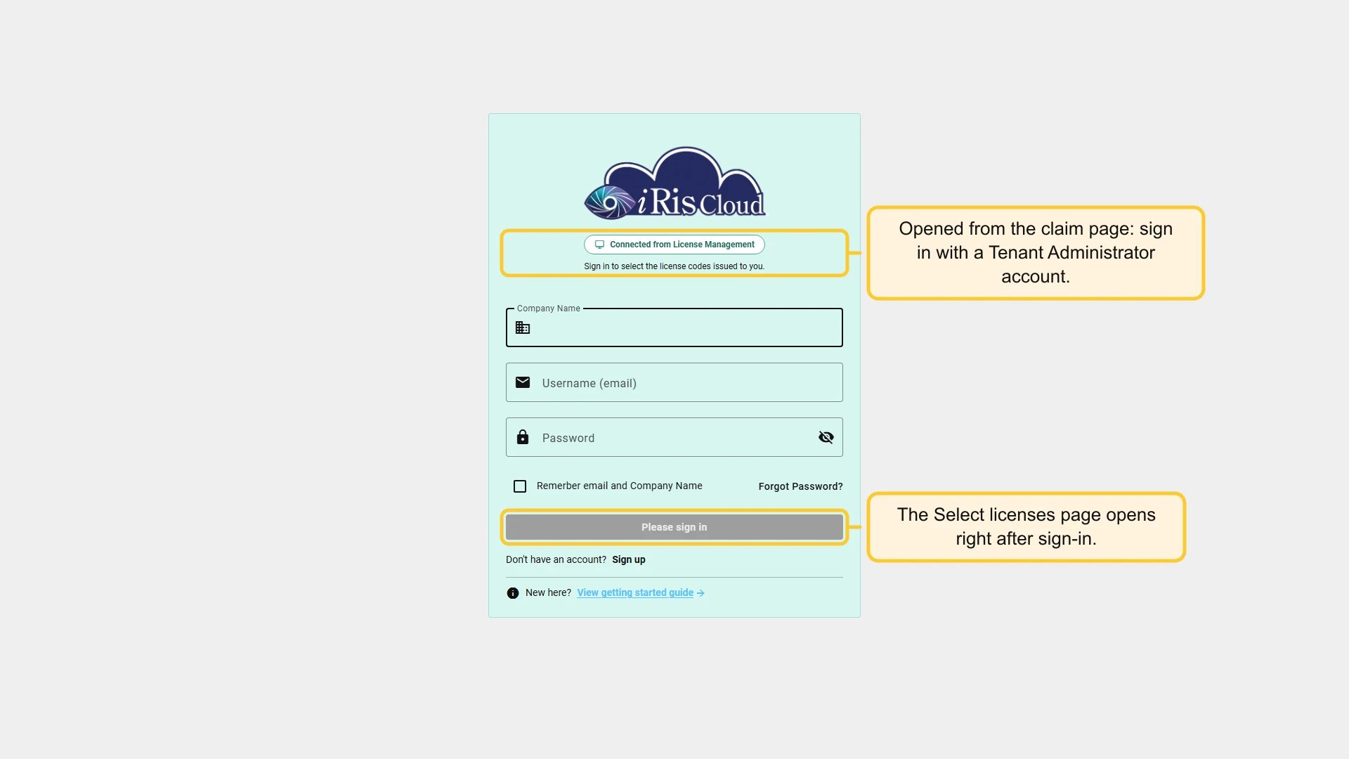 iRis Cloud login page with the Connected from License Management badge