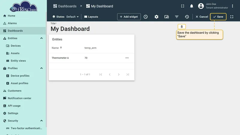 Dashboard with action cell buttons