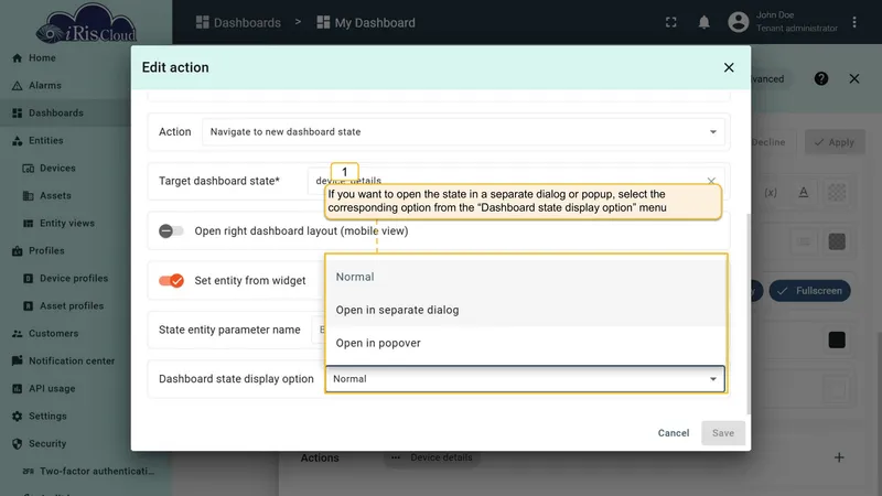 Dashboard state display option dropdown