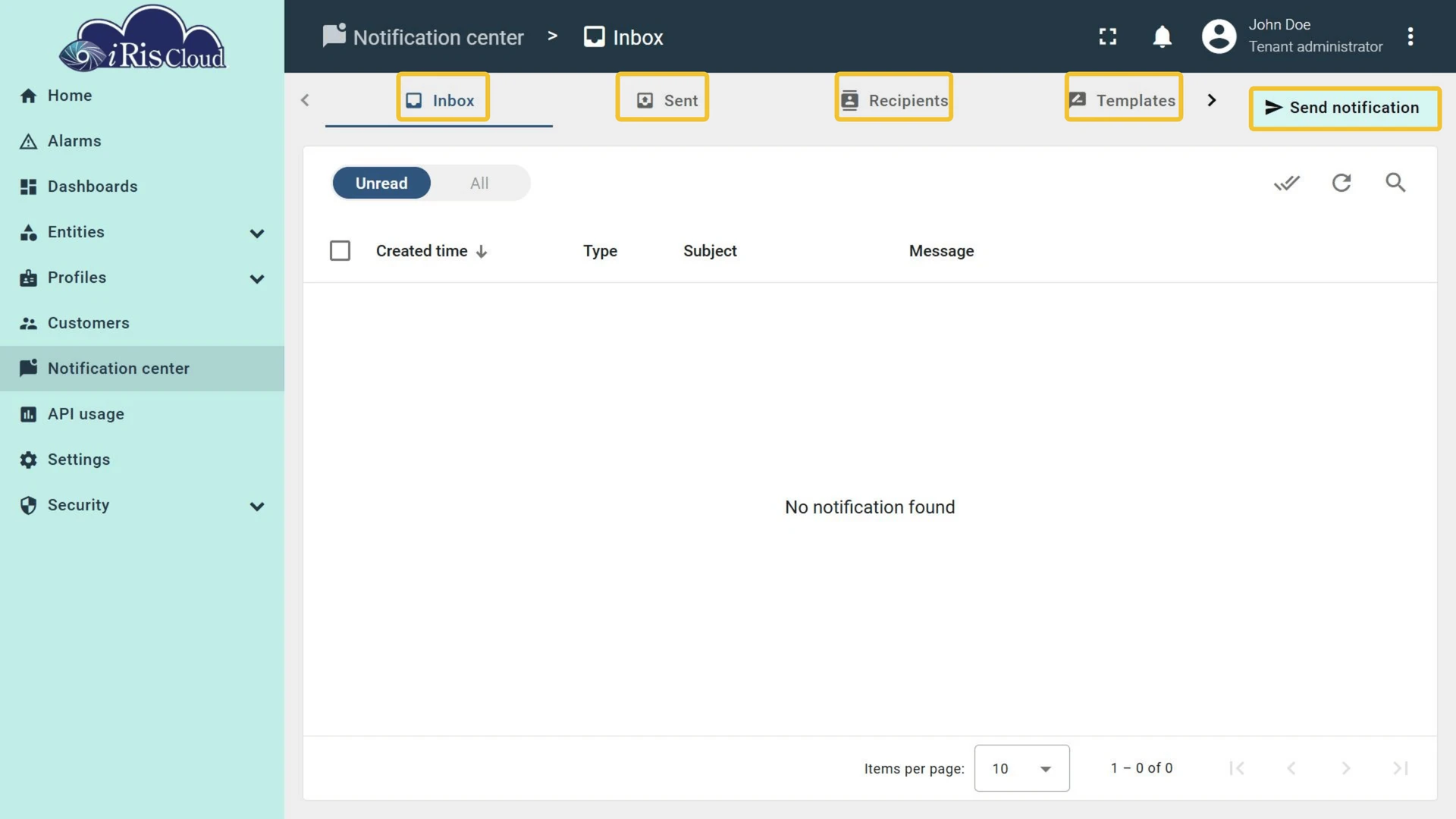 Notification center - sidebar navigation and main view