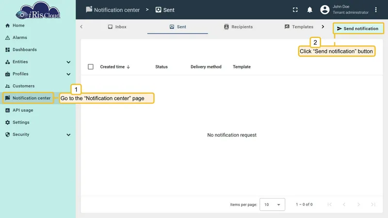 Notification center - click Send notification button