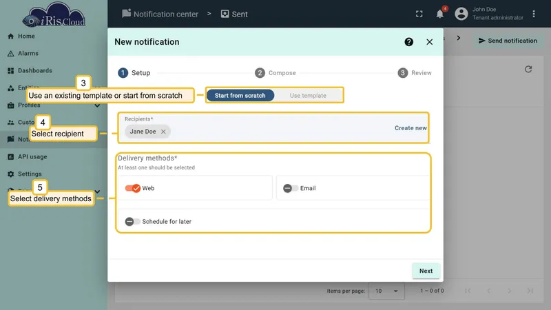 Send notification wizard - select recipients and delivery methods