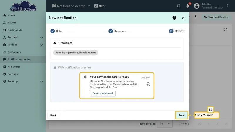 Send notification wizard - review and send