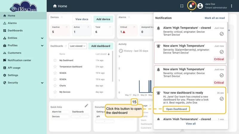Notification action button - open dashboard