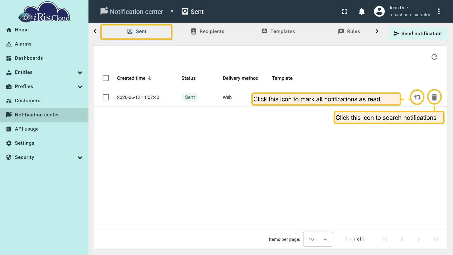 Sent tab - notification list with Notify again and Delete actions