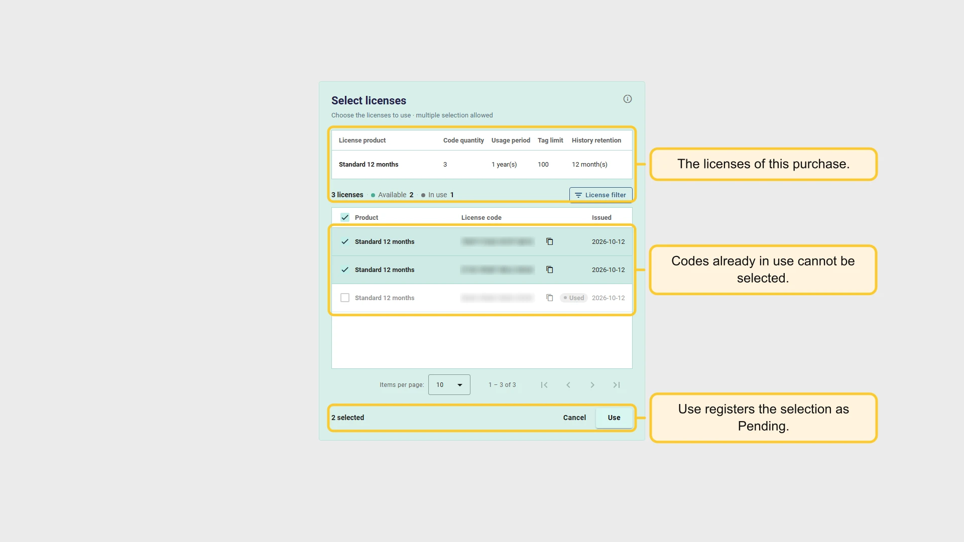 Select licenses page with two licenses selected and one marked Used
