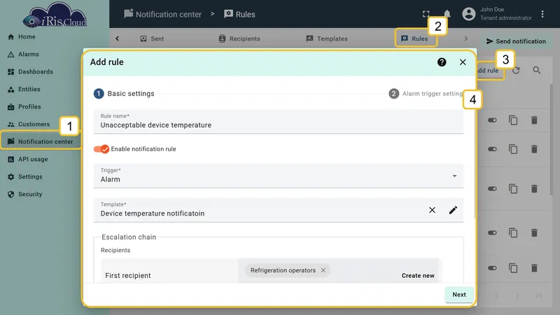 Add rule dialog — Basic settings step with Rule name set to Unacceptable device temperature, Trigger to Alarm, Template to Device temperature notification, and Refrigeration operators added as First recipient