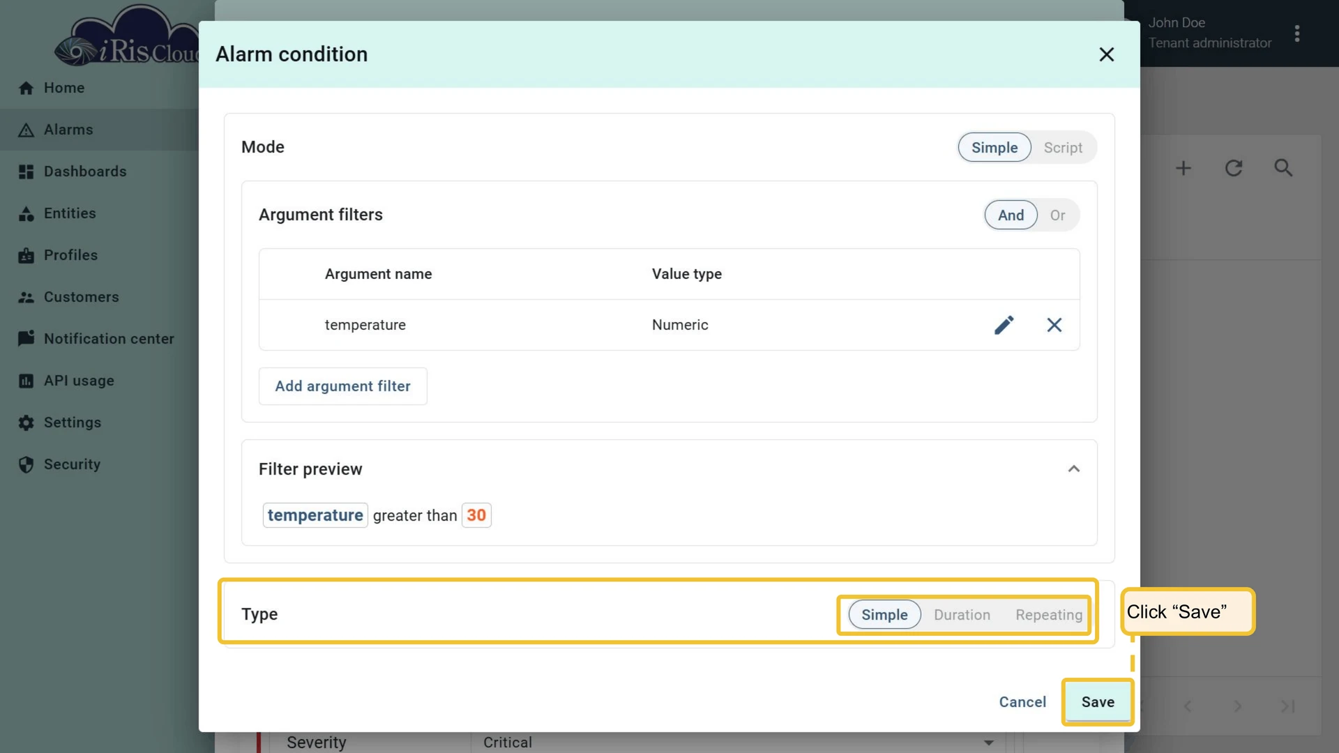 Condition dialog with type selector