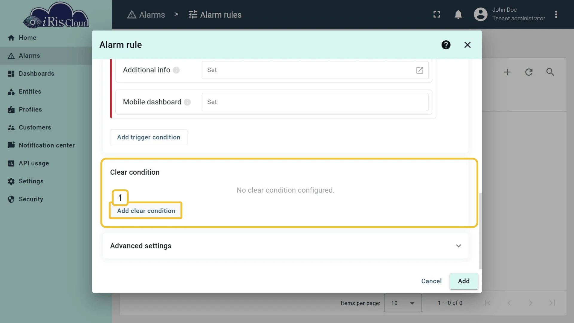 Clear condition configuration