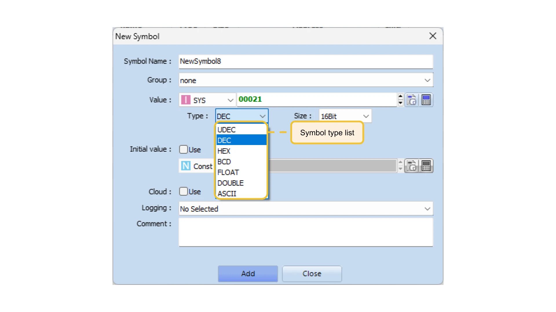Symbol type list in iRis Developer