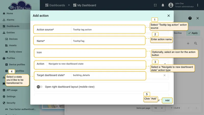 Configure Tooltip tag action