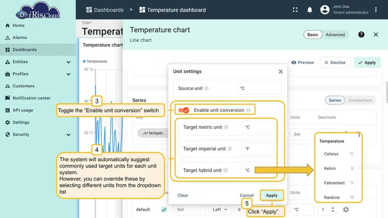 Enable unit conversion and set target units