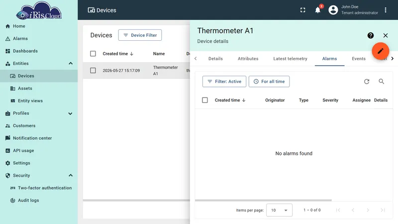 Thermometer A1 Alarms tab empty after alarm is cleared